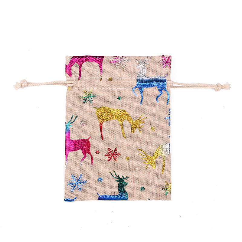 Hessian-look Christmas gift bags with drawstring and red reindeer and snowflake print