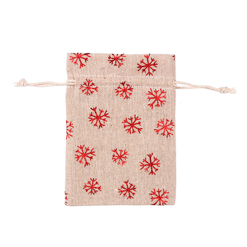 Hessian-look Christmas gift bags with drawstring and red reindeer and snowflake print