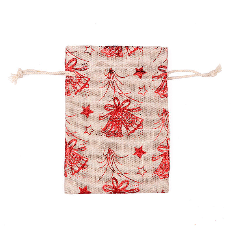 Hessian-look Christmas gift bags with drawstring and red reindeer and snowflake print