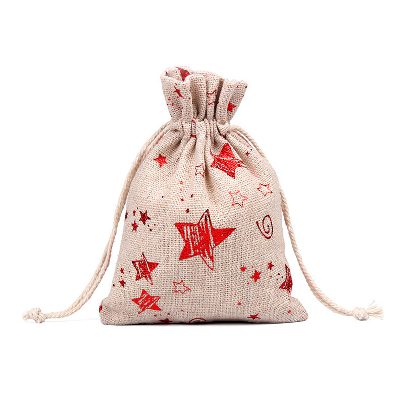 Hessian-look Christmas gift bags with drawstring and red reindeer and snowflake print
