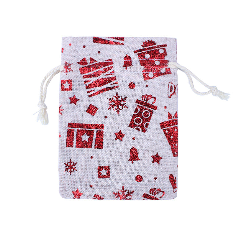 Hessian-look Christmas gift bags with drawstring and red reindeer and snowflake print