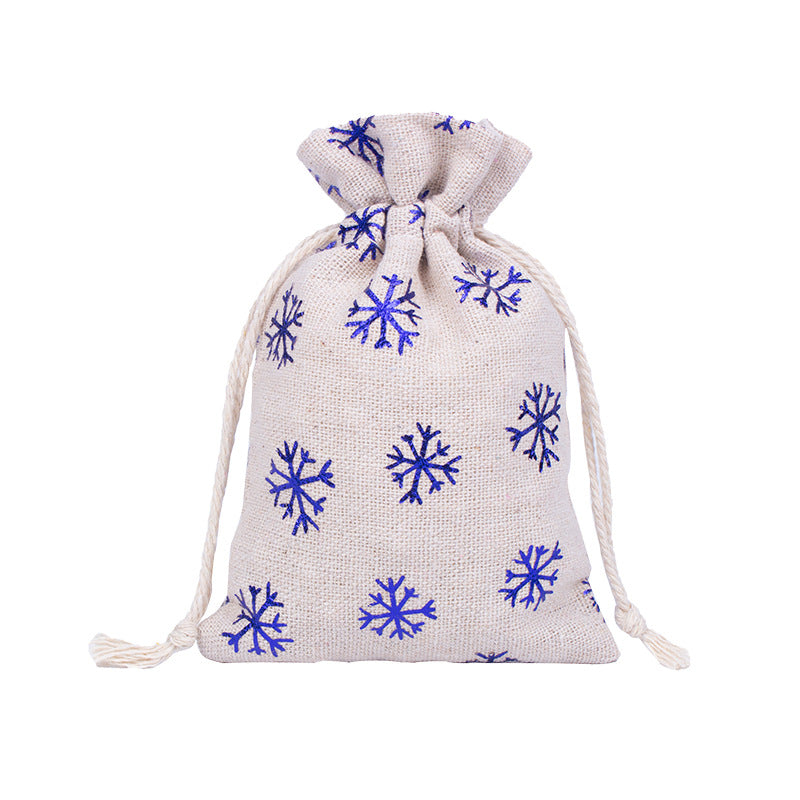 Hessian-look Christmas gift bags with drawstring and red reindeer and snowflake print