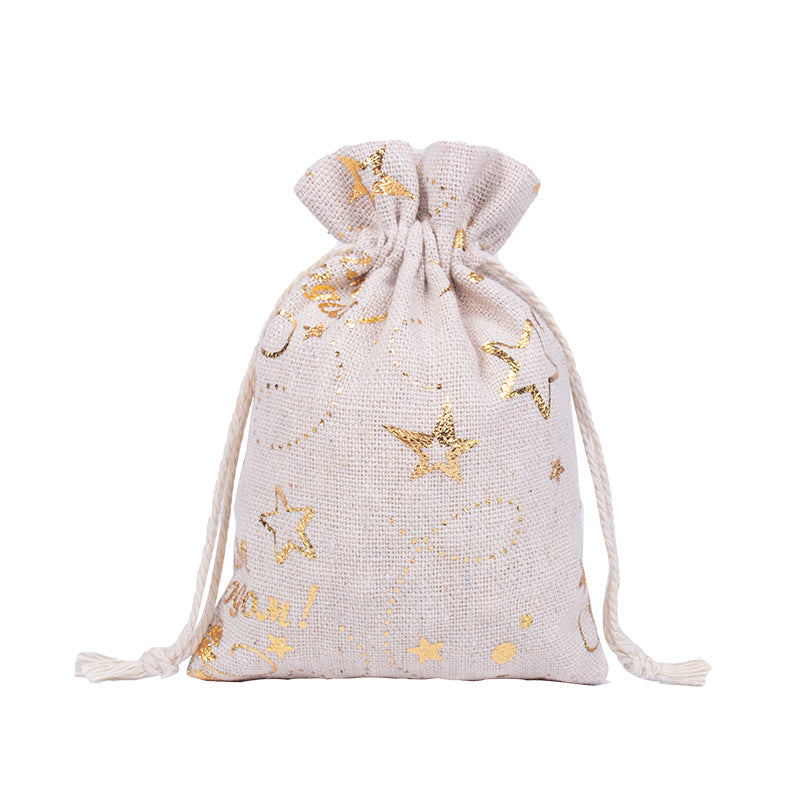 Hessian-look Christmas gift bags with drawstring and red reindeer and snowflake print