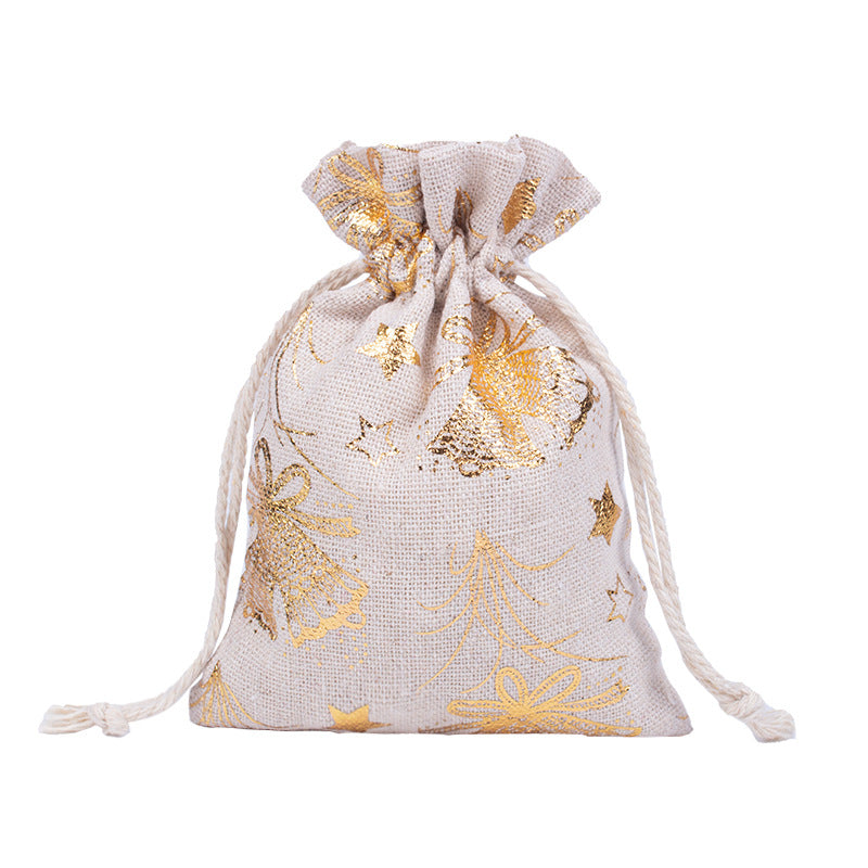 Hessian-look Christmas gift bags with drawstring and red reindeer and snowflake print