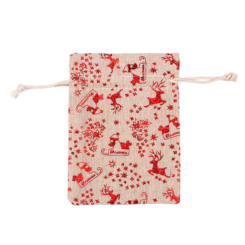 Hessian-look Christmas gift bags with drawstring and red reindeer and snowflake print