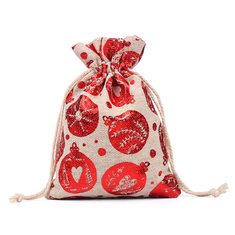Hessian-look Christmas gift bags with drawstring and red reindeer and snowflake print