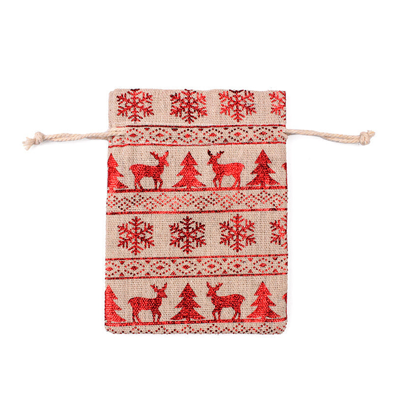 Hessian-look Christmas gift bags with drawstring and red reindeer and snowflake print