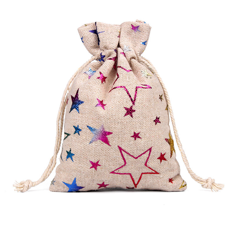 Hessian-look Christmas gift bags with drawstring and red reindeer and snowflake print