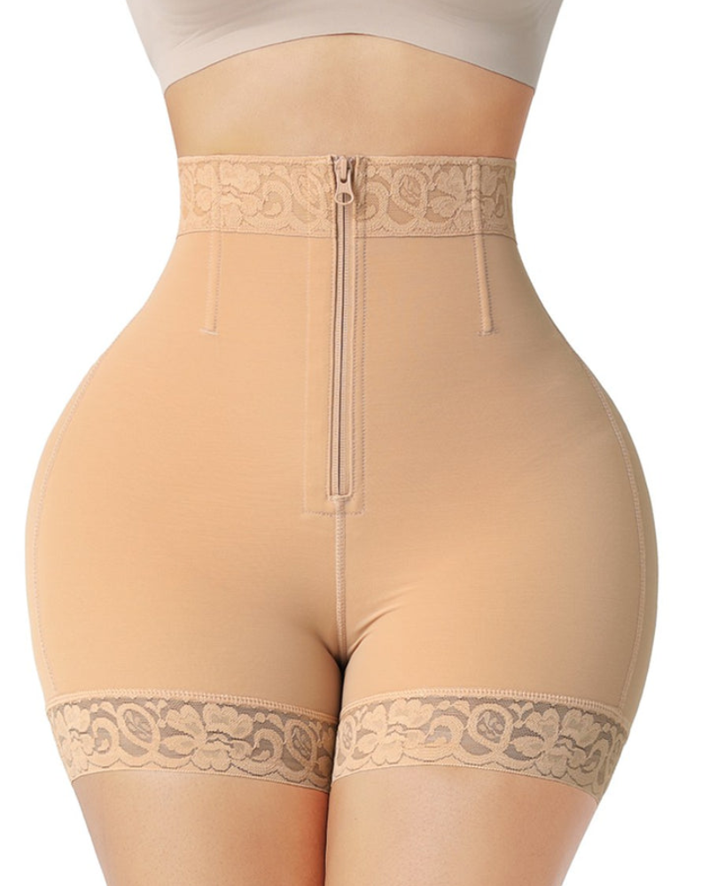 High-waisted shapewear shorts with zip front and lace leg trims - nude