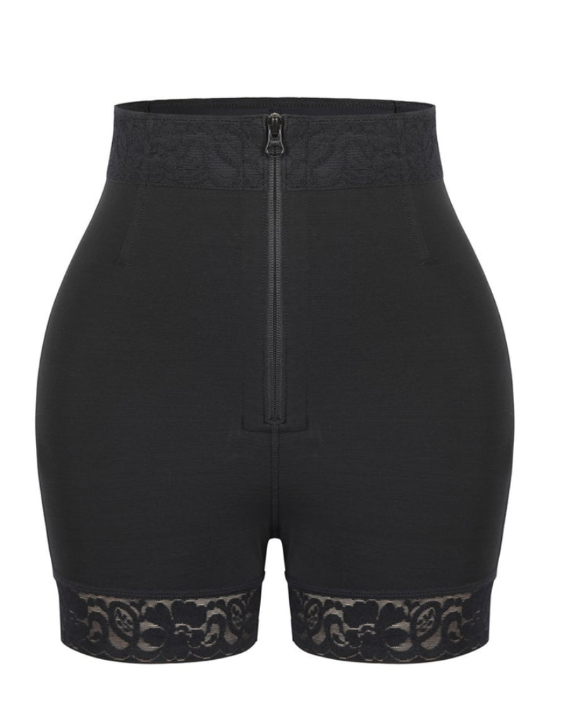 High-waisted shapewear shorts with zip front and lace leg trims