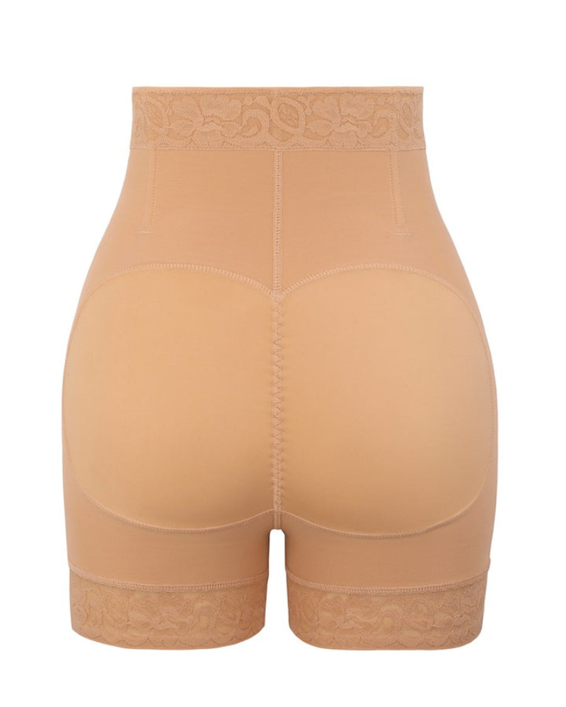 High-waisted shapewear shorts with zip front and lace leg trims