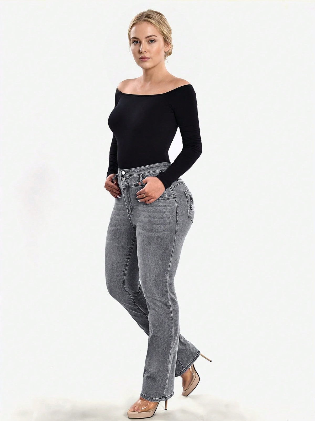High waisted stretch jeans for women with three buttons and stitched back pockets - view 10