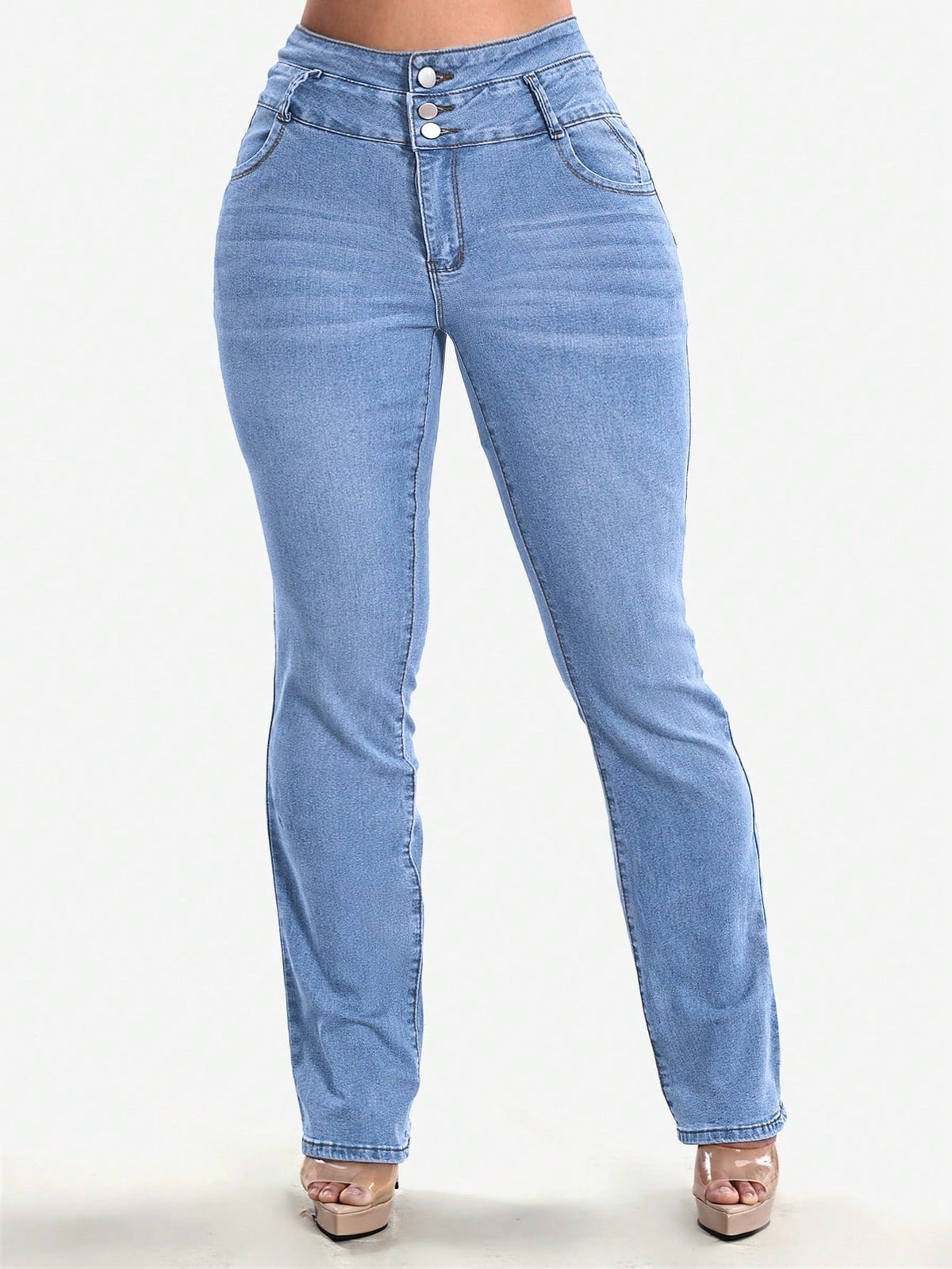 High waisted stretch jeans for women with three buttons and stitched back pockets - light blue