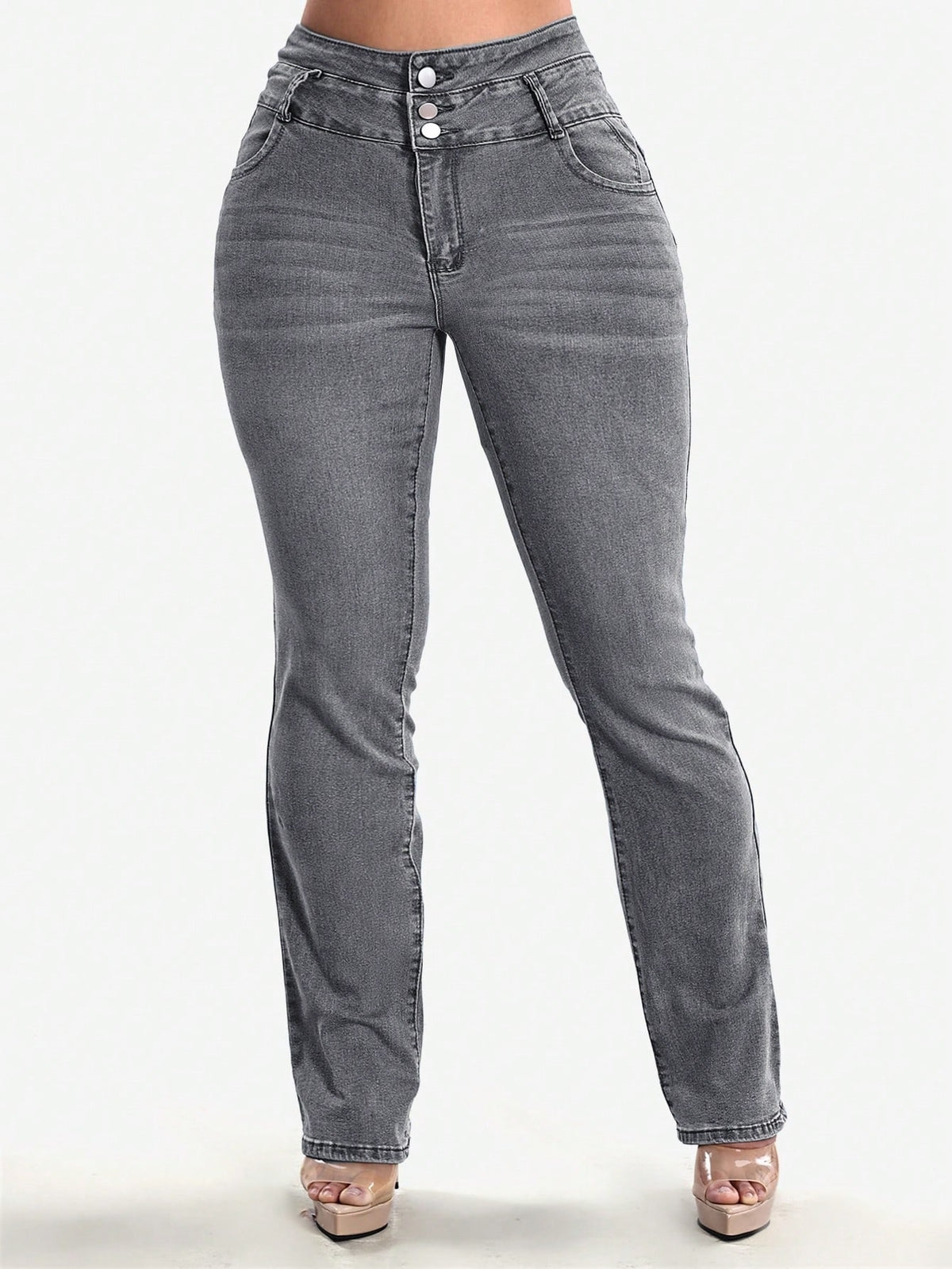 High waisted stretch jeans for women with three buttons and stitched back pockets - grey