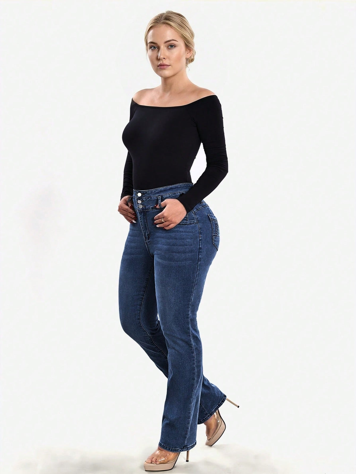 High waisted stretch jeans for women with three buttons and stitched back pockets - view 9