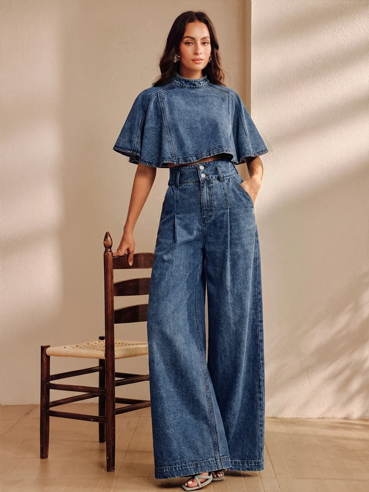 High waisted wide leg jeans for women with a double button and front seam - mid blue