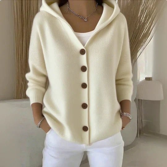 Women's fine knit hooded cardigan with large buttons - cream
