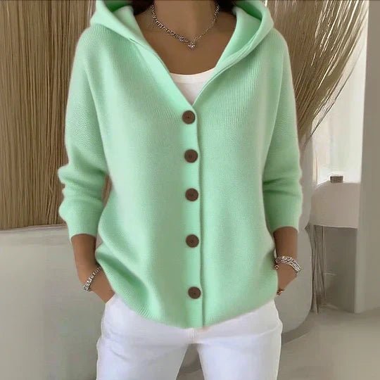 Women's fine knit hooded cardigan with large buttons - mint green
