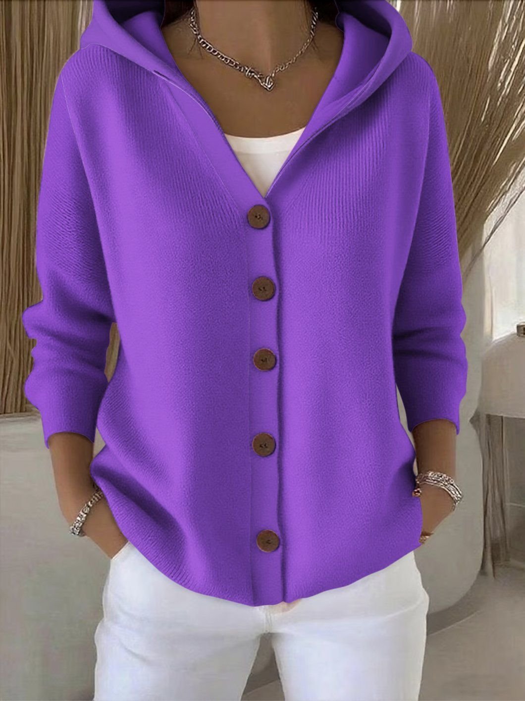 Women's fine knit hooded cardigan with large buttons - purple