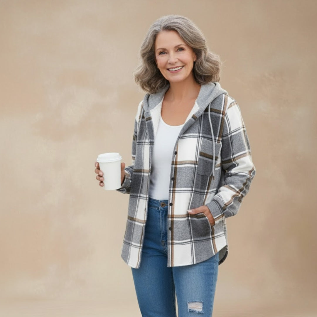 Women's hooded check shacket with a button front - grey check
