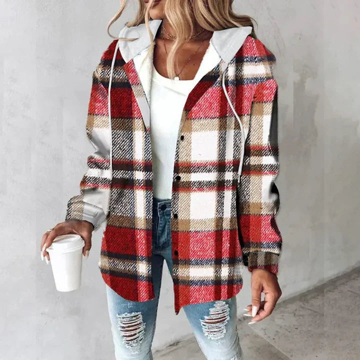 Women's hooded check shacket with a button front - red check