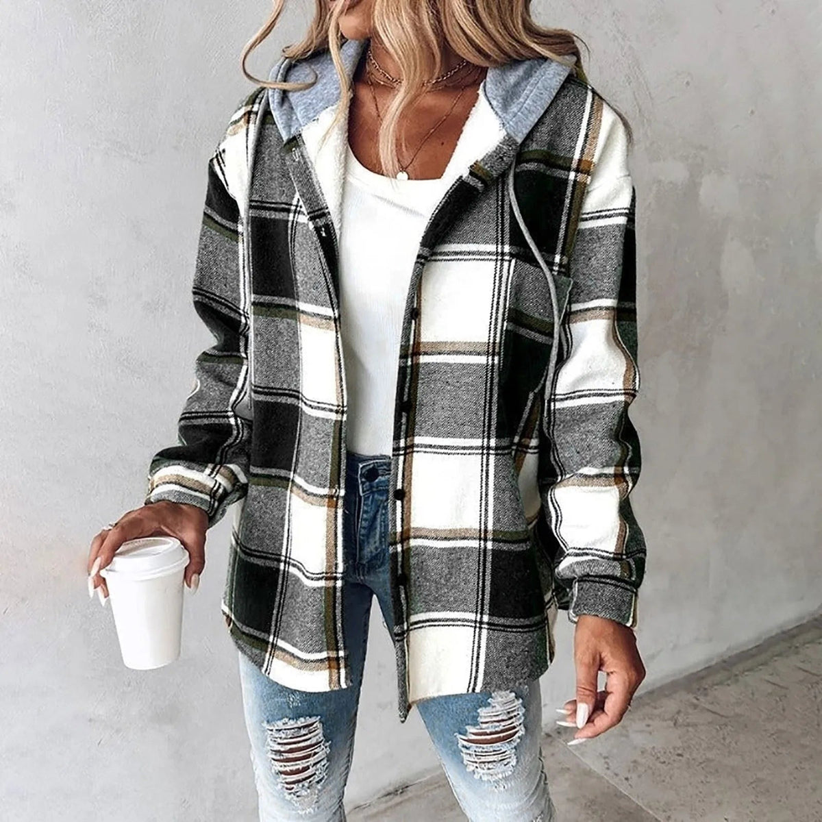 Women's hooded check shacket with a button front - black check