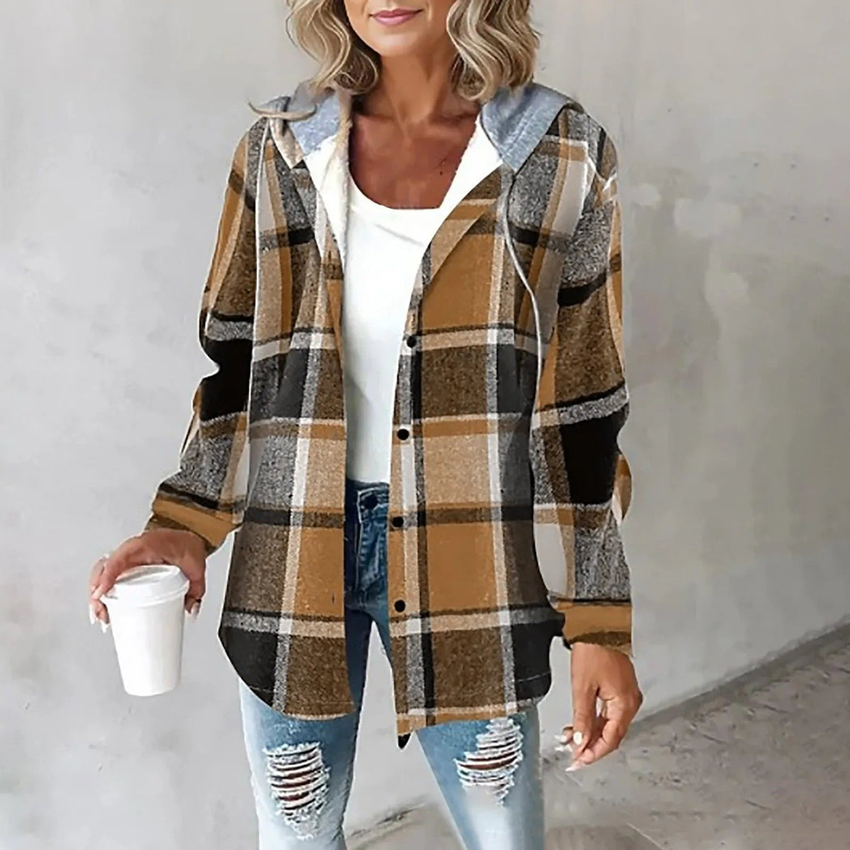 Women's hooded check shacket with a button front - camel check