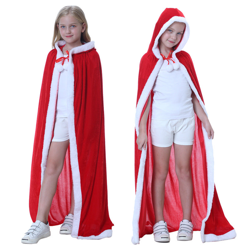 Children's red hooded Christmas cape with white plush trim