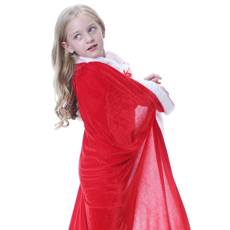 Children's red hooded Christmas cape with white plush trim
