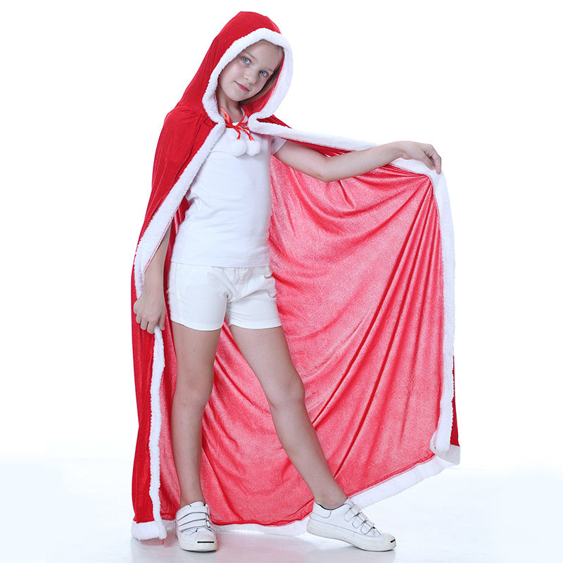 Children's red hooded Christmas cape with white plush trim