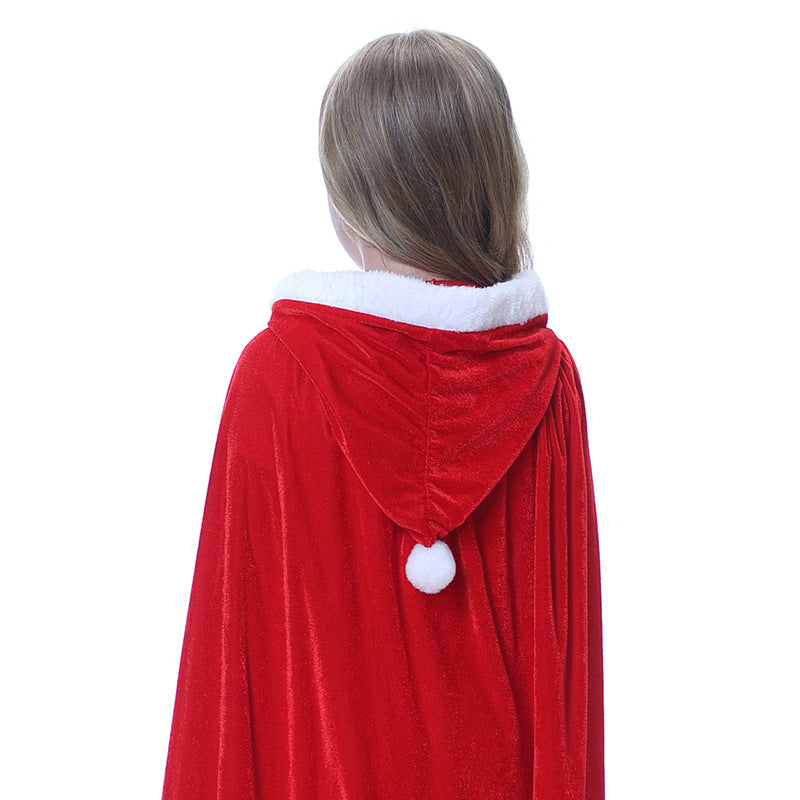 Children's red hooded Christmas cape with white plush trim