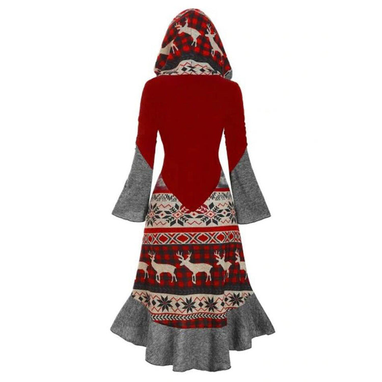 Women's hooded Christmas dress with a Fair Isle skirt and grey bell sleeves
