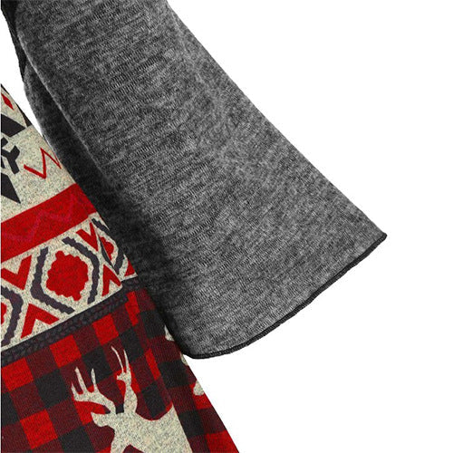 Women's hooded Christmas dress with a Fair Isle skirt and grey bell sleeves
