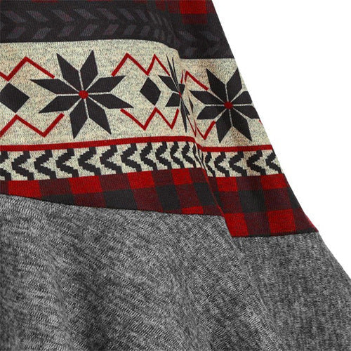 Women's hooded Christmas dress with a Fair Isle skirt and grey bell sleeves