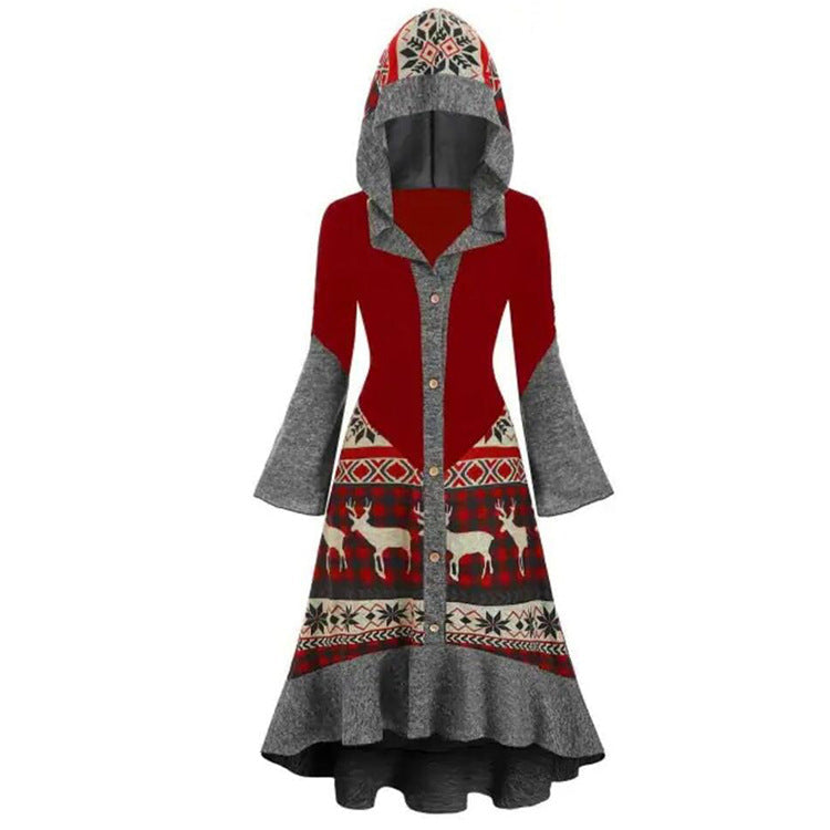 Women's hooded Christmas dress with a Fair Isle skirt and grey bell sleeves - red fair isle