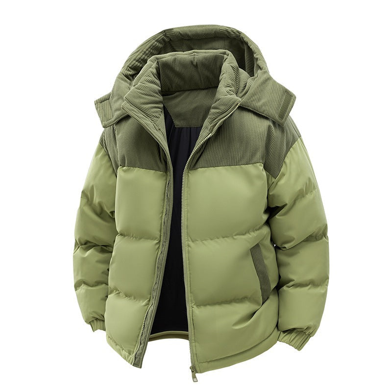 Women's hooded puffer jacket with corduroy panels - light green