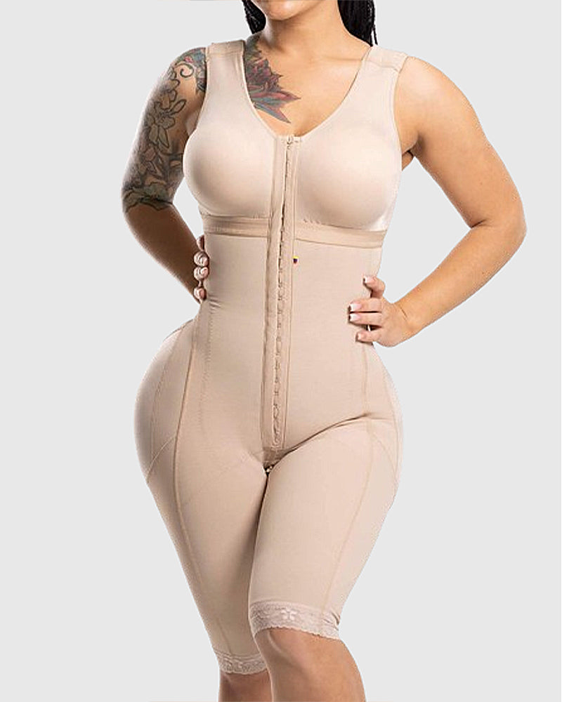 Shapewear bodysuit with hook-and-eye front, wide straps and legs to just above the knee - nude