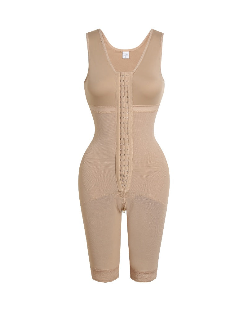 Shapewear bodysuit with hook-and-eye front, wide straps and legs to just above the knee