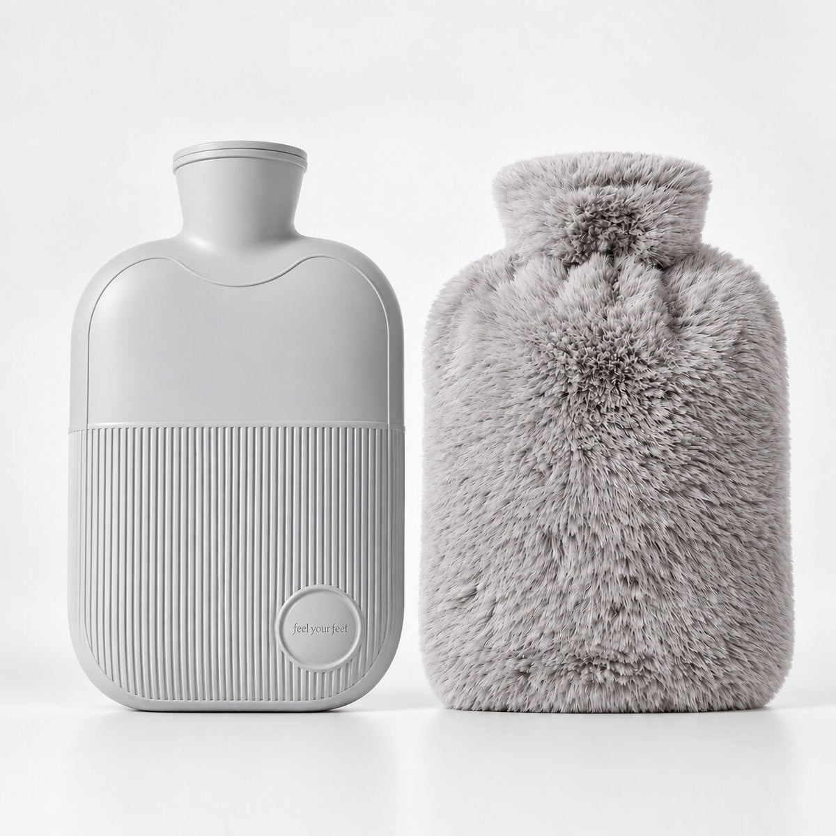 1 litre hot water bottle with a soft fluffy cover - grey