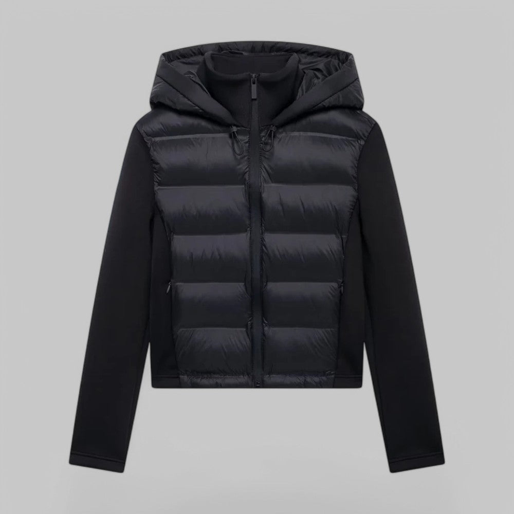 Women's hybrid puffer jacket with a hood and jersey sleeves