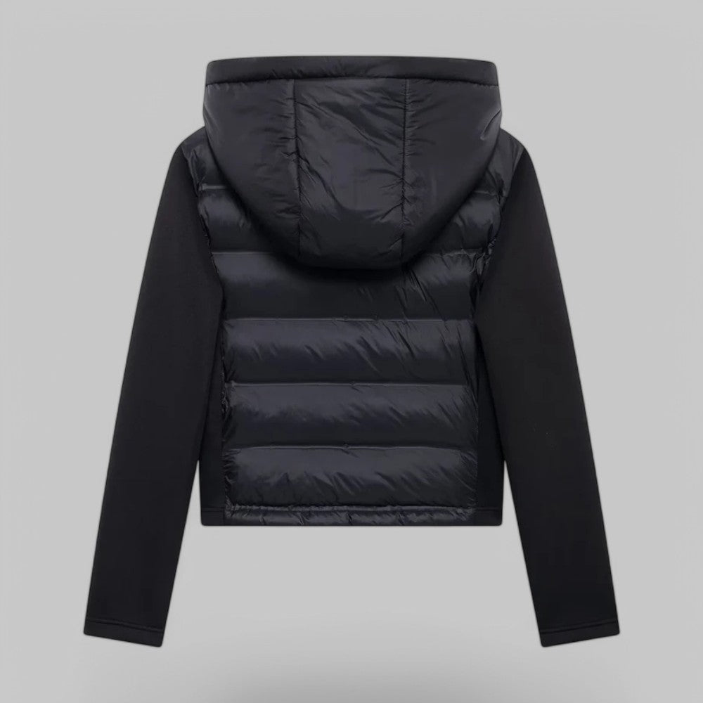 Women's hybrid puffer jacket with a hood and jersey sleeves