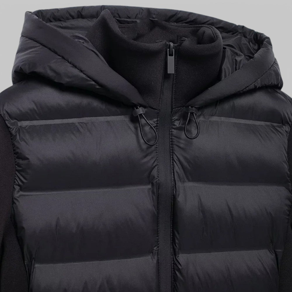 Women's hybrid puffer jacket with a hood and jersey sleeves