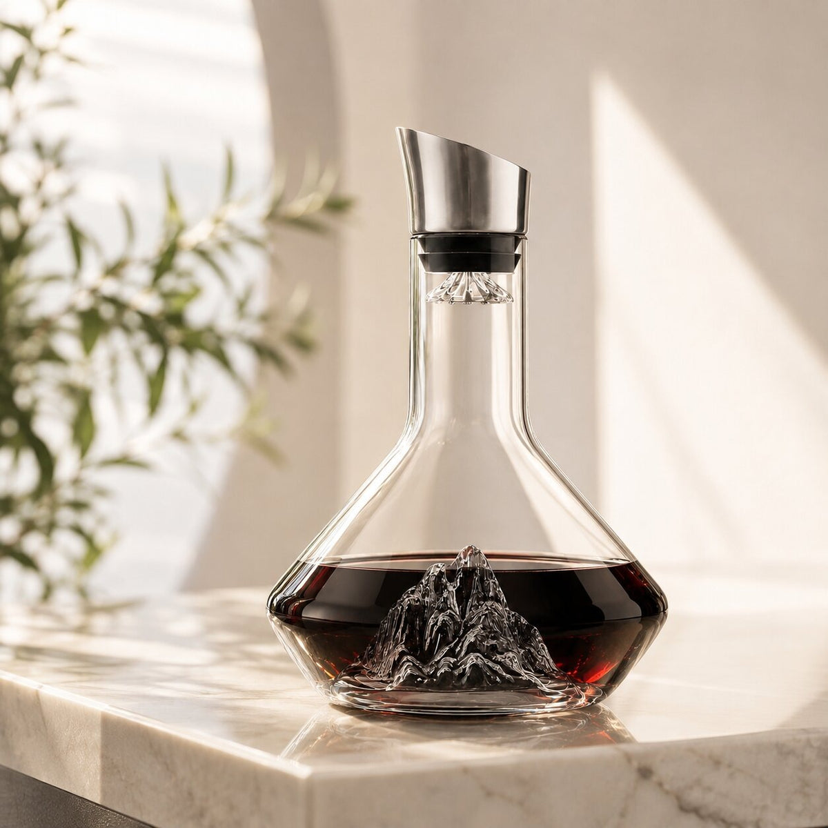 Glass wine decanter with a glass iceberg in the base and a pouring spout - view 3