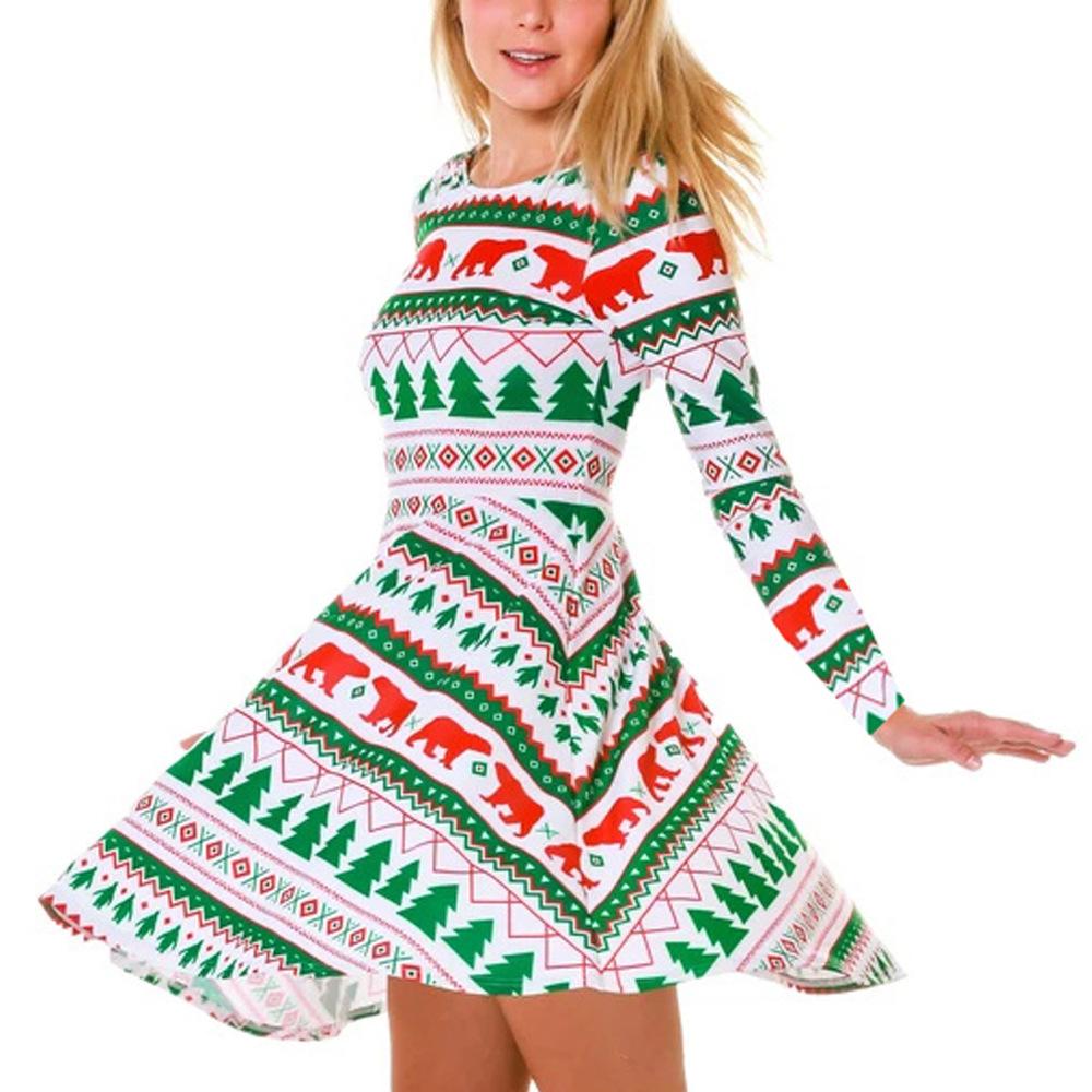 Women's printed jersey Christmas skater dress with long sleeves and a full skirt