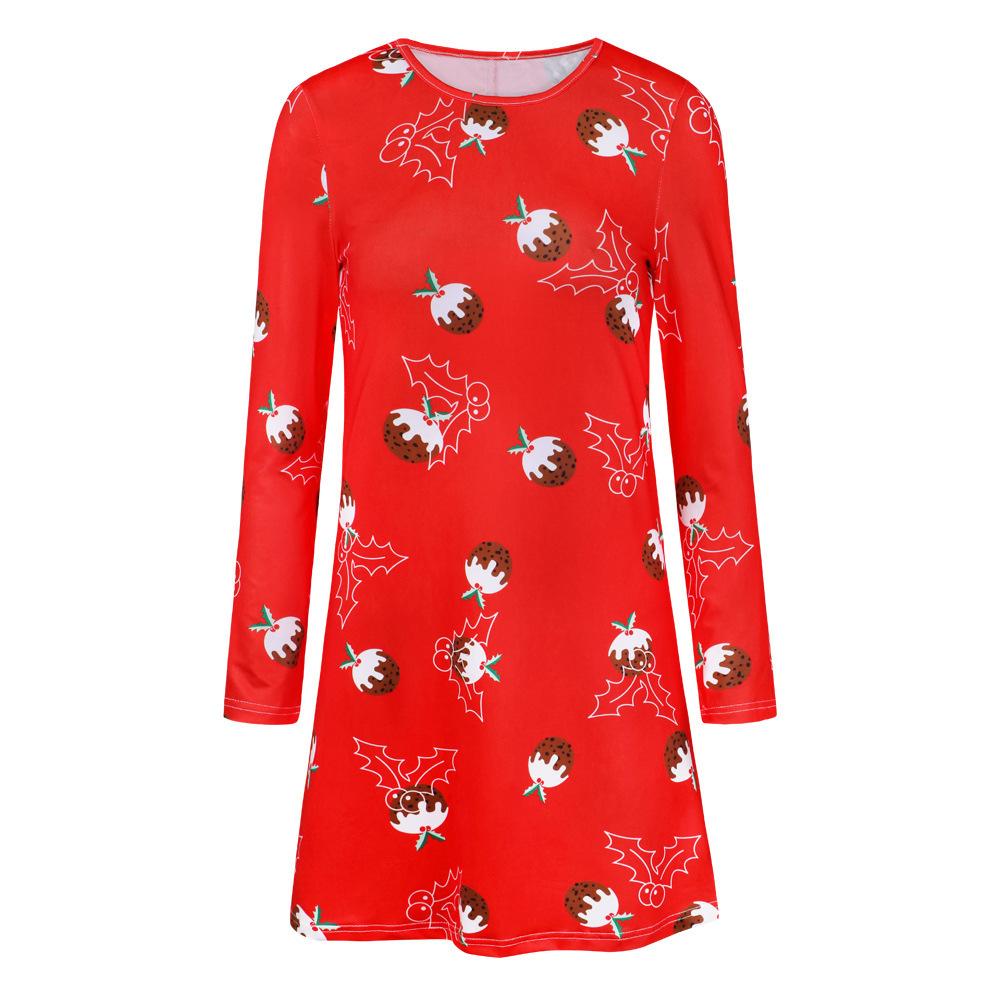 Women's printed jersey Christmas skater dress with long sleeves and a full skirt - red with christmas pudding