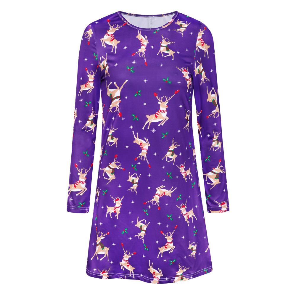 Women's printed jersey Christmas skater dress with long sleeves and a full skirt - purple with reindeer