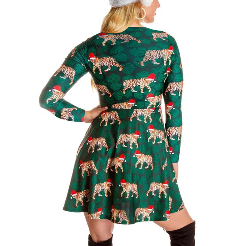 Women's printed jersey Christmas skater dress with long sleeves and a full skirt