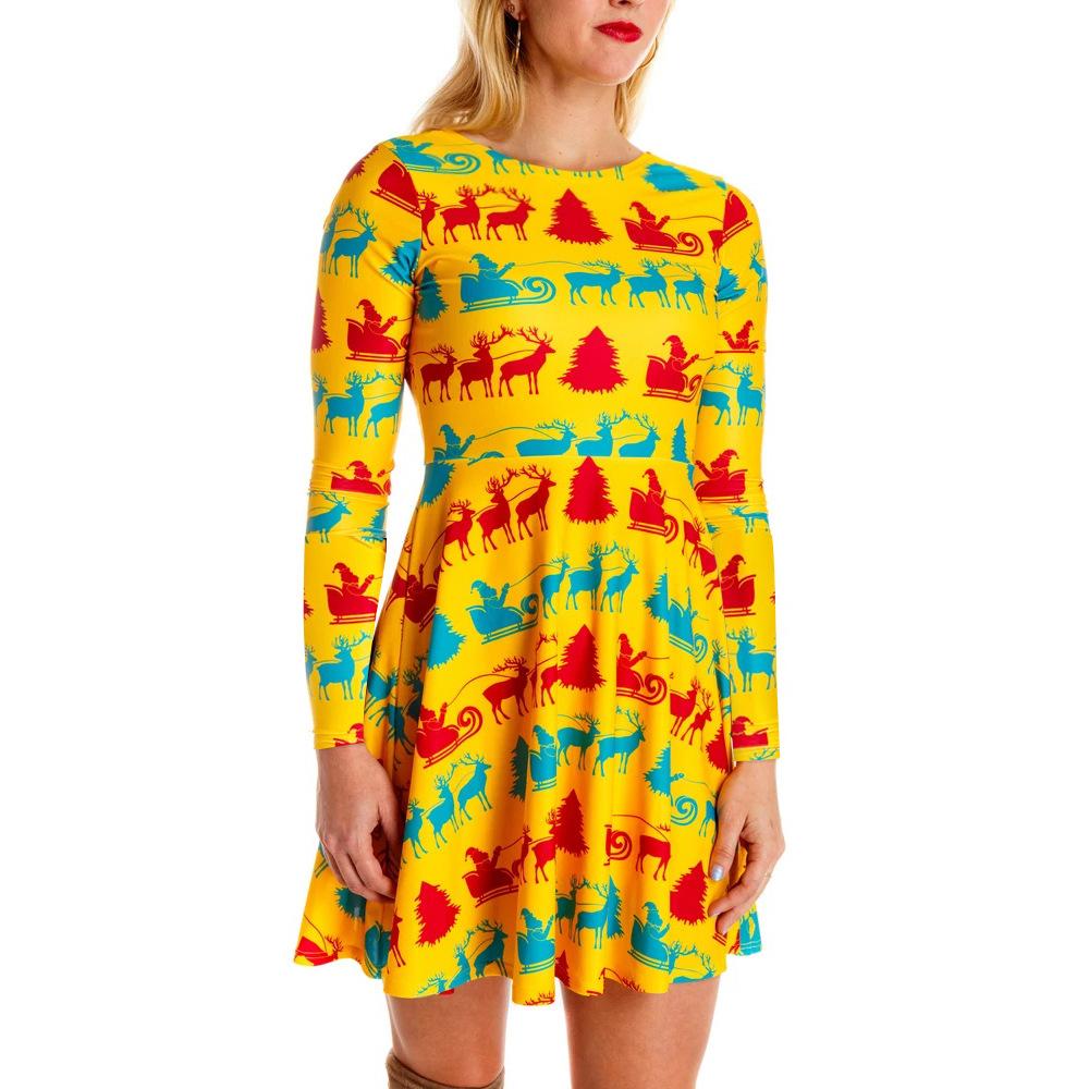 Women's printed jersey Christmas skater dress with long sleeves and a full skirt