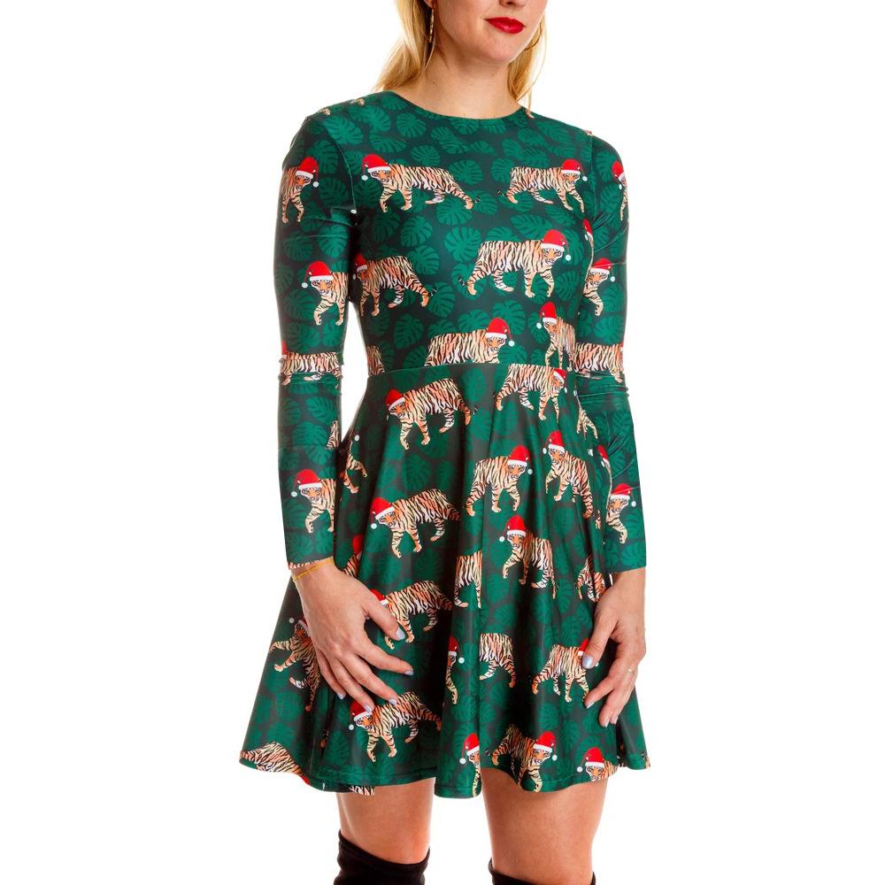 Women's printed jersey Christmas skater dress with long sleeves and a full skirt