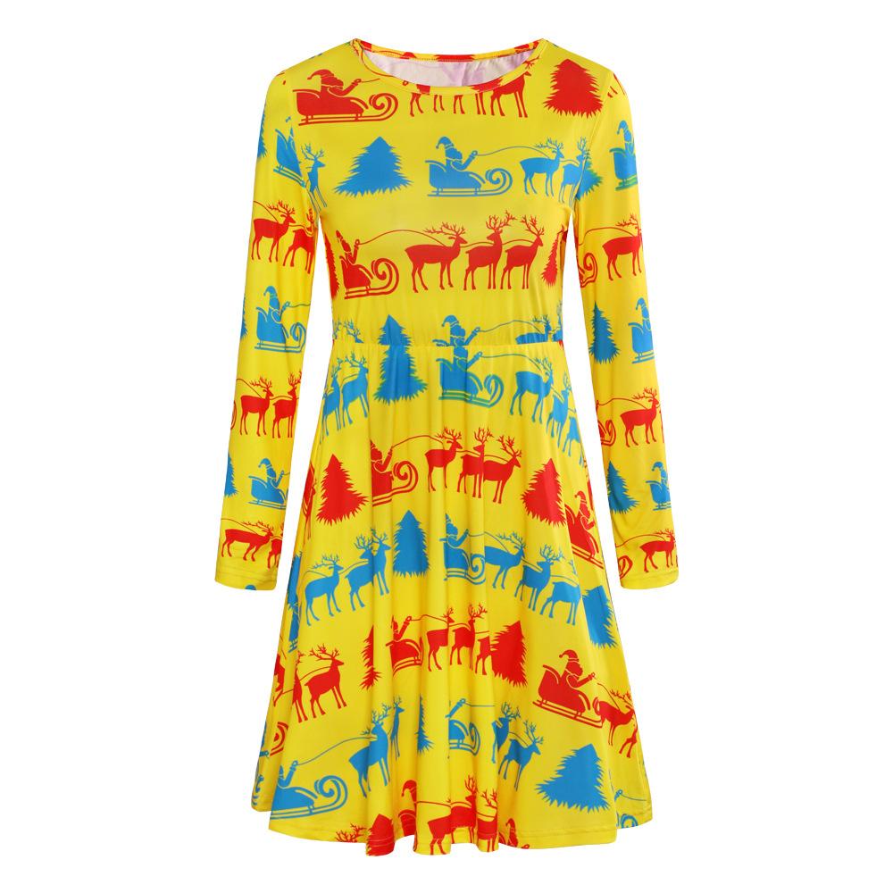 Women's printed jersey Christmas skater dress with long sleeves and a full skirt - yellow with sleighs and reindeer